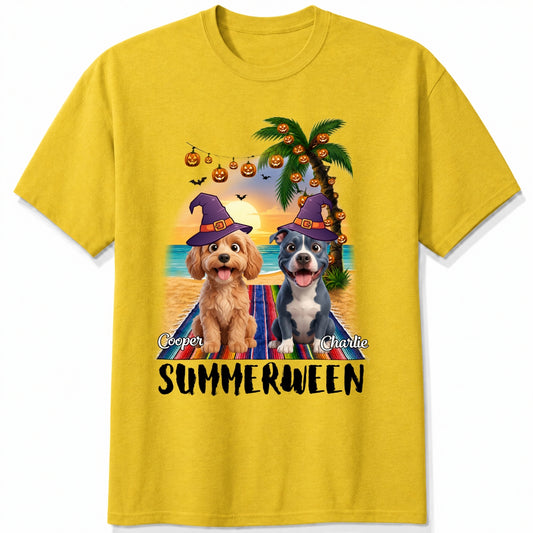 A yellow summerween t-shirt featuring a custom graphic print of dogs wearing witch hats on a beach with a palm tree and jack-o'-lanterns, with the text 'SUMMERWEEN' and custom dog names