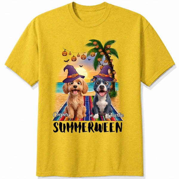 Custom Dogs Summerween Beach Shirt, Summer and Halloween Funny Dogs In Witch Hats T-shirt FSDM57