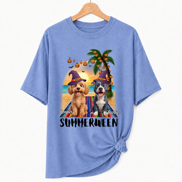 Custom Dogs Summerween Beach Shirt, Summer and Halloween Funny Dogs In Witch Hats T-shirt FSDM57