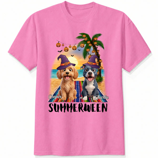 Custom Dogs Summerween Beach Shirt, Summer and Halloween Funny Dogs In Witch Hats T-shirt FSDM57