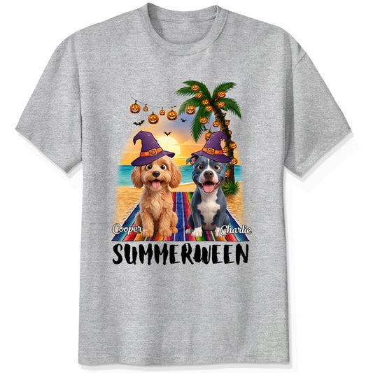 A ash grey summerween t-shirt featuring a custom graphic print of dogs wearing witch hats on a beach with a palm tree and jack-o'-lanterns, with the text 'SUMMERWEEN' and custom dog names