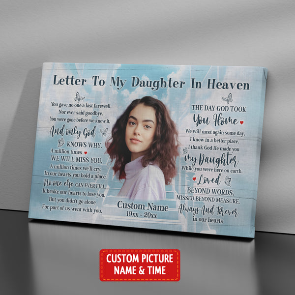 Daughter Memorial Canvas Gift| Letter To My Daughter in Heaven Gift| In Memory of Daughter NXM414