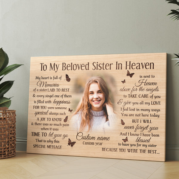 Sister Memorial Canvas Gift Personalized, Angel Sister in Heaven, Remembrance Gifts For Loss Of Sister NXM407