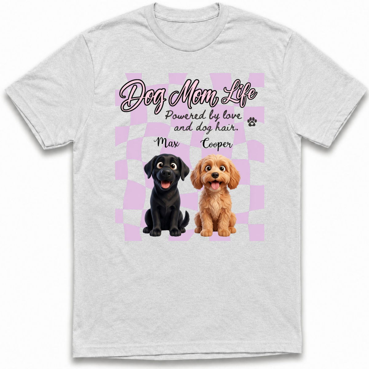 A custom dogs ash grey short-sleeve t-shirt with a graphic print on the front. The graphic features the text 'Dog Mom Life' and 'Powered by love and dog hair.