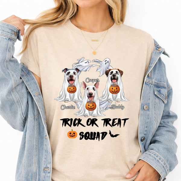 Trick or Treat Squad Custom Multiple Dogs In Ghost Sheets With Pumpkins Halloween T-shirt FSDM54