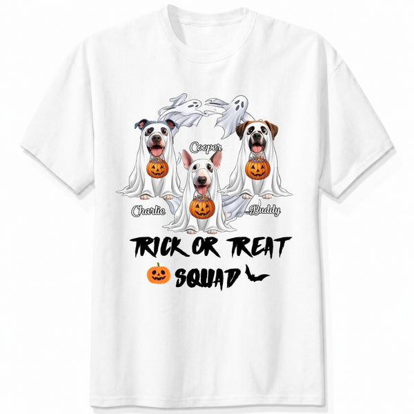 Trick or Treat Squad Custom Multiple Dogs In Ghost Sheets With Pumpkins Halloween T-shirt FSDM54