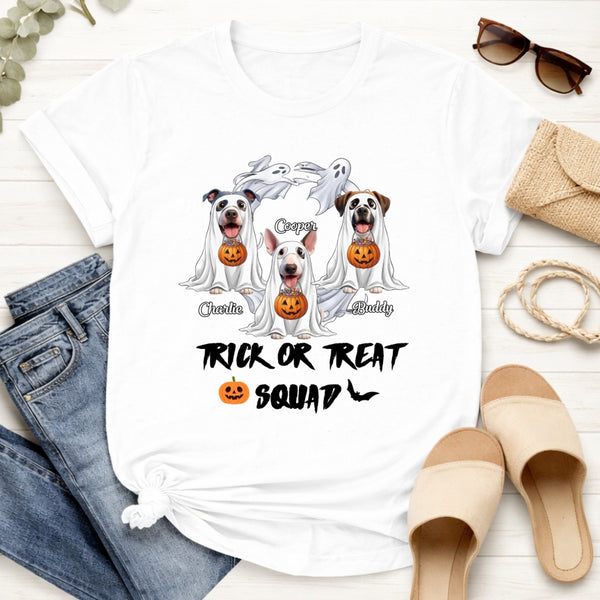 Trick or Treat Squad Custom Multiple Dogs In Ghost Sheets With Pumpkins Halloween T-shirt FSDM54