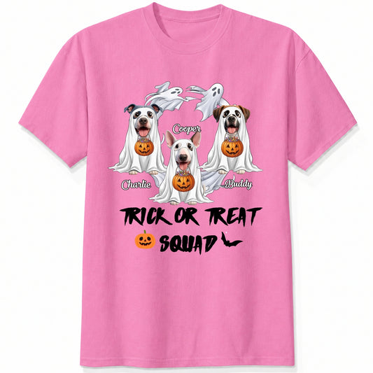 A pink t-shirt featuring a custom graphic of dogs dressed as ghosts with jack-o'-lanterns, custom dog names and text 'TRICK OR TREAT'