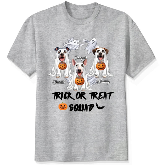 An ash gray t-shirt featuring a custom graphic of dogs dressed as ghosts with jack-o'-lanterns, custom dog names and text 'TRICK OR TREAT'