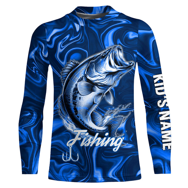 Blue Fishing Largemouth Bass Fish Hook Custom Name Long Sleeve Performance Shirt TTN121