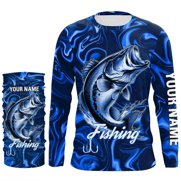 Blue Fishing Largemouth Bass Fish Hook Custom Name Long Sleeve Performance Shirt TTN121