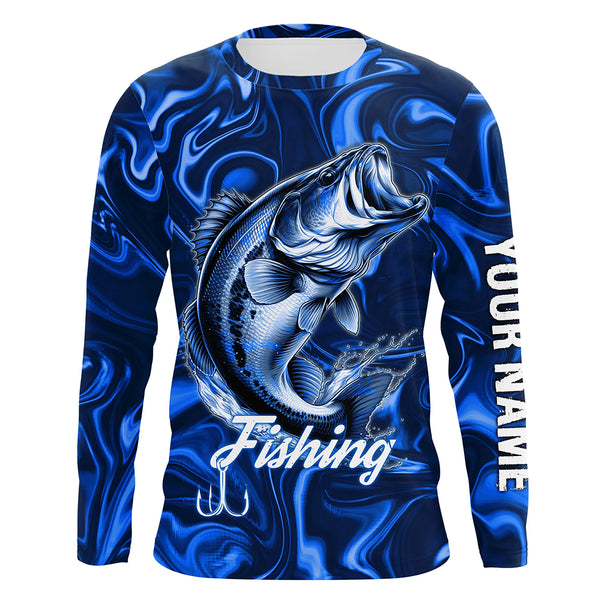 Blue Fishing Largemouth Bass Fish Hook Custom Name Long Sleeve Performance Shirt TTN121