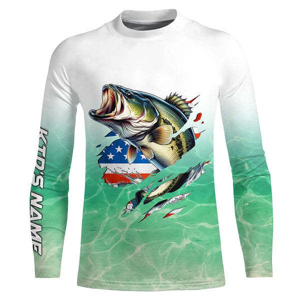 Bass Fishing American Flag Custom long sleeve performance Fishing Shirts, patriotic fishing gifts TTN65