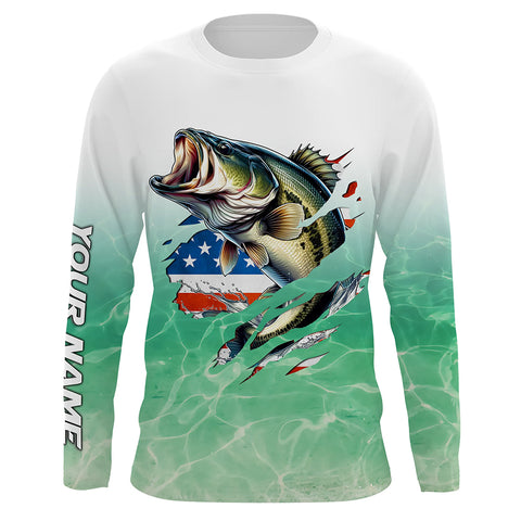 Bass Fishing American Flag Custom long sleeve performance Fishing Shirts, patriotic fishing gifts TTN65