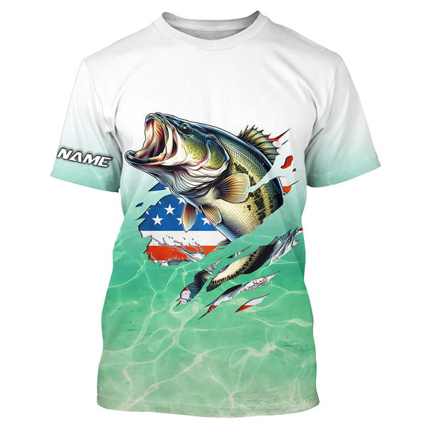 Bass Fishing American Flag Custom long sleeve performance Fishing Shirts, patriotic fishing gifts TTN65