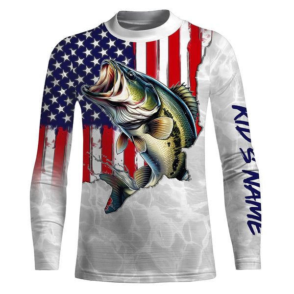 Bass Fishing American Flag Custom UV Protection Shirts, Bass Fishing Jerseys, Gift For Fisherman TTN124