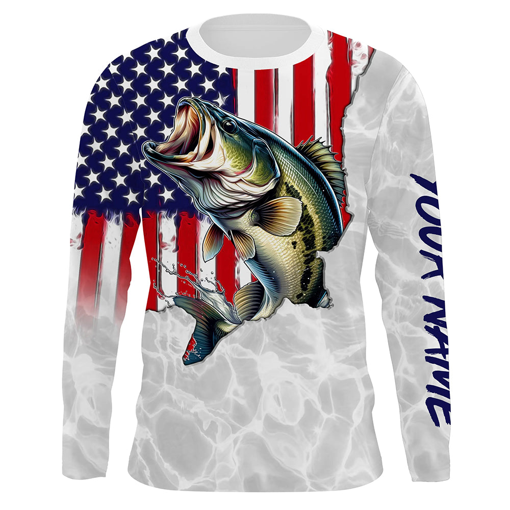 Bass Fishing American Flag Custom UV Protection Shirts, Bass Fishing Jerseys, Gift For Fisherman TTN124