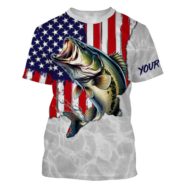 Bass Fishing American Flag Custom UV Protection Shirts, Bass Fishing Jerseys, Gift For Fisherman TTN124