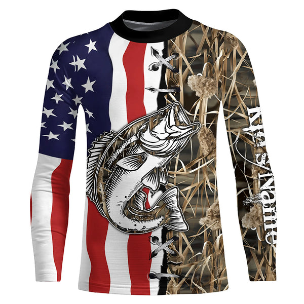 Bass Fishing American Flag Camo Custom Name 3D All over printed UV protection Shirts Fishing gift TTN09