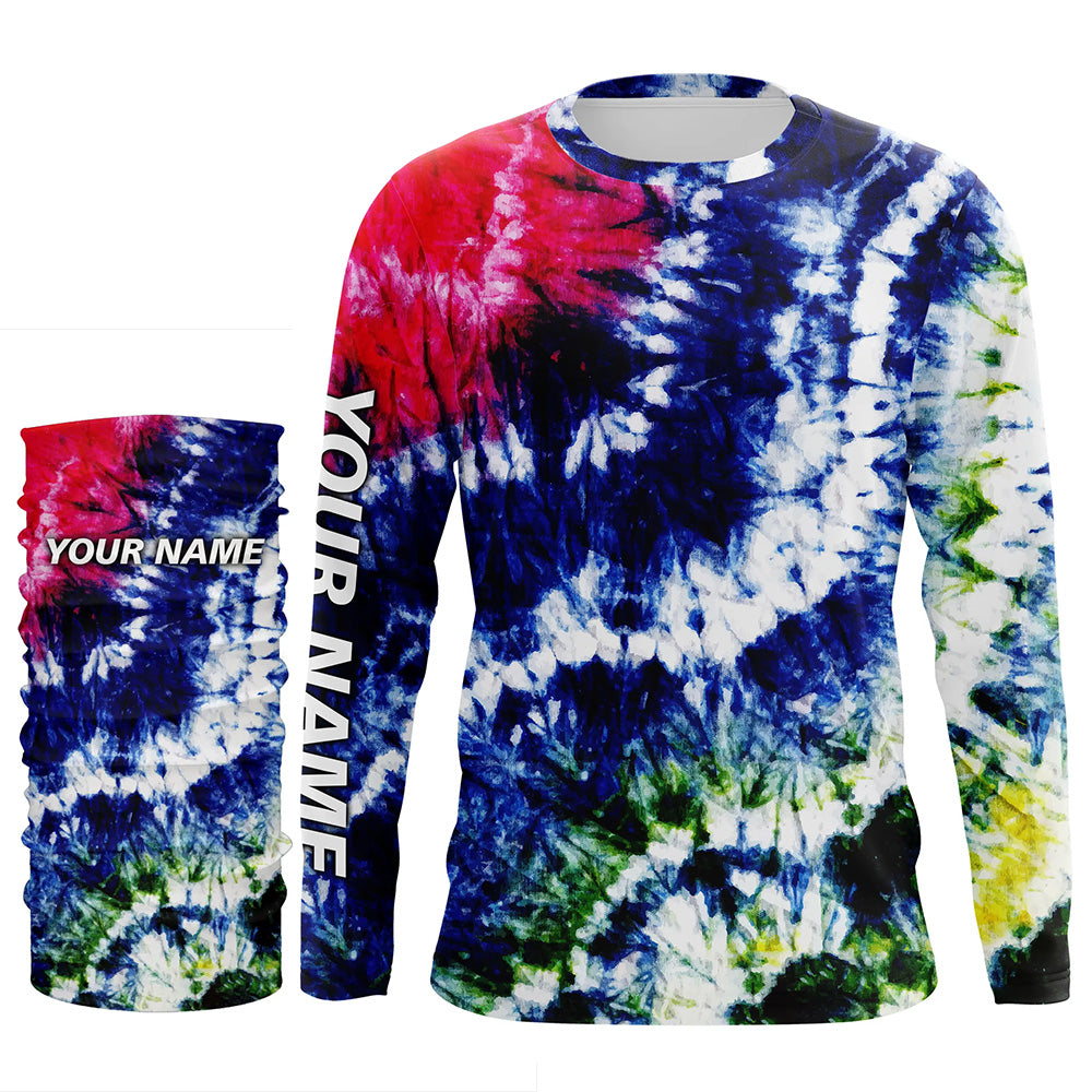 Colorful Wave Tie-Dye Pattern, Performance Long Sleeve UV Protection Fishing Shirt, Gift for Fisherman TTN125 Long Sleeves UPF + Face Shield / S