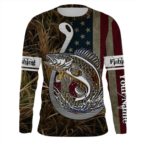 Walleye Fishing American Flag Custom Long Sleeve Shirts, Patriotic Fishing apparel TTN40