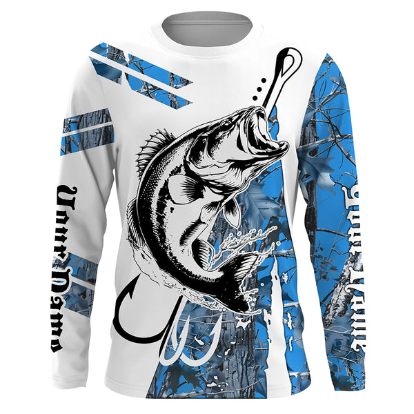 Fish Hook Bass Fishing Blue Camo Custom Long Sleeve Shirts, Personalized Bass Fishing Jerseys TTN112