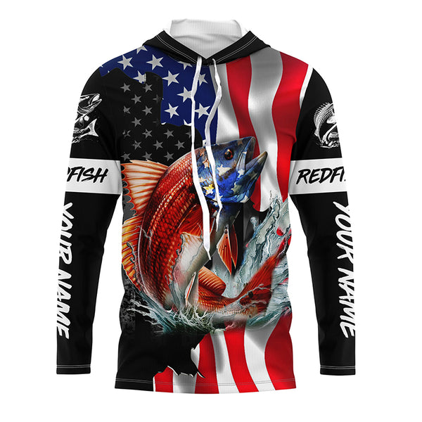 Custom Redfish Puppy Drum American Flag Long Sleeve Fishing Shirts, Patriotic Fishing Gifts TTV140