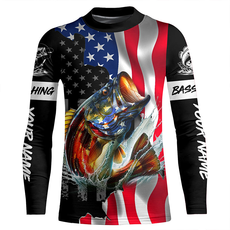 American Flag Bass Fishing Custom Long Sleeve Fishing Shirts for Men, Bass Fishing Jerseys TTV63 Long Sleeves UPF + Face Shield / M