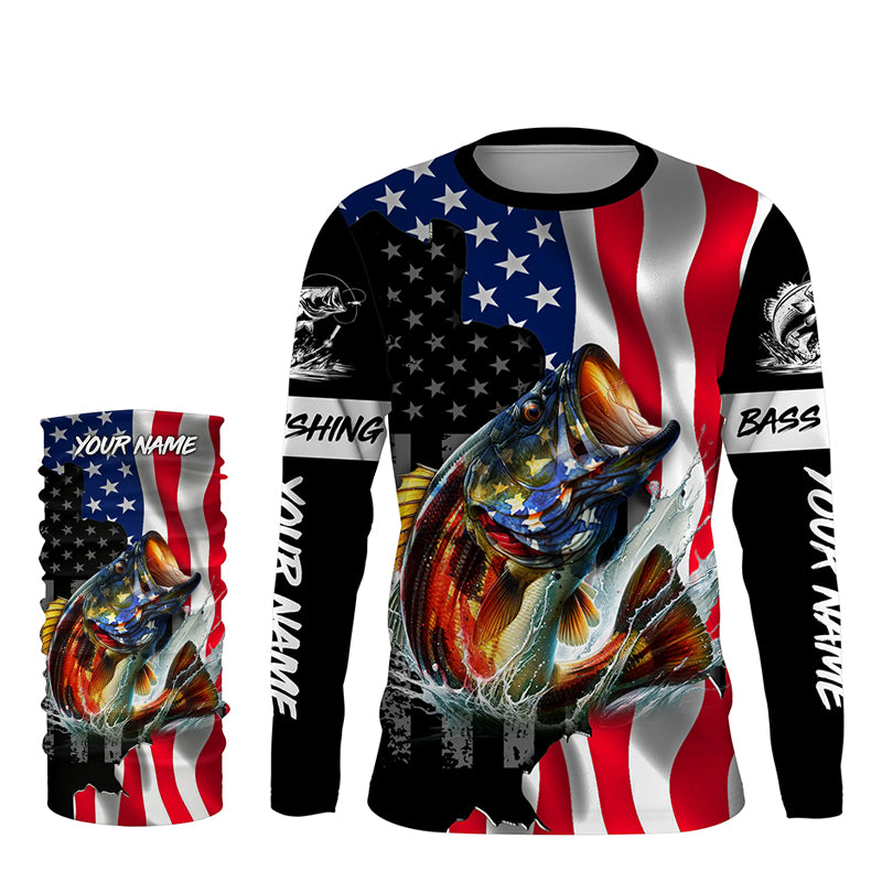 American Flag Bass Fishing Custom Long Sleeve Fishing Shirts for Men, Bass Fishing Jerseys TTV63 Long Sleeves UPF + Face Shield / M