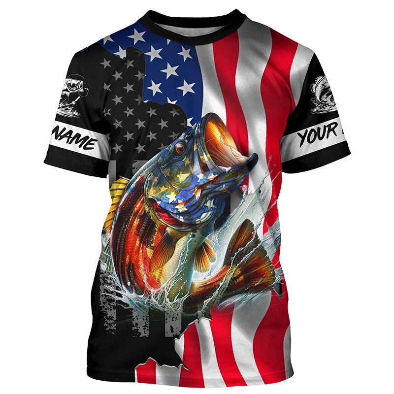 American Flag Bass Fishing Custom Long Sleeve Fishing Shirts for Men, Bass Fishing Jerseys TTV63 T-Shirt UPF / M
