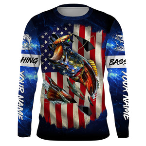Bass Fishing American Flag patriotic UV protection Custom name long sl