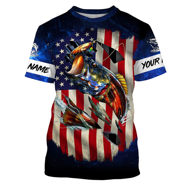 Bass Fishing 3D American Flag patriotic blue galaxy Custom long sleeve Fishing Shirts TTV20