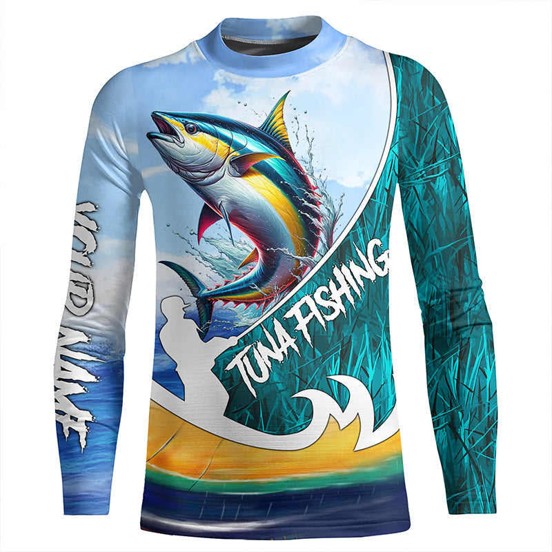 Tuna Fishing Custom Long Sleeve Performance Fishing Shirts, Tuna Fishing Jerseys | Blue Camo TTV90 Long Sleeves UPF / 3XL