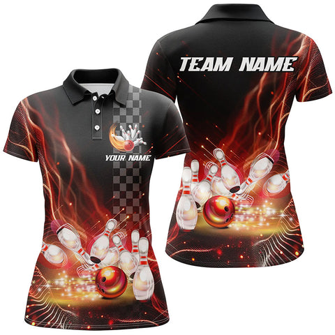 Women Bowling Polo Shirts Custom Red light bowling ball and pins Team bowling Jersey, gift for Bowlers TTV144