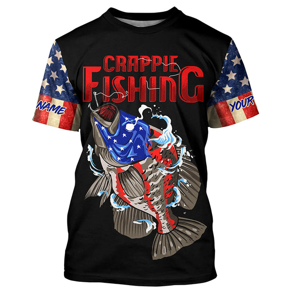 Crappie Fishing American Flag Custom Long Sleeve Fishing Shirts Hooked on Freedom TTV75