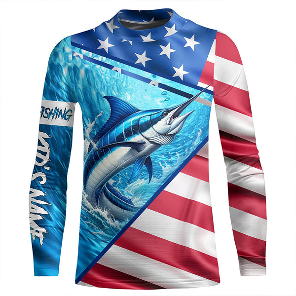 Personalized American Flag Marlin Fishing Shirts, Patriotic Marlin Long Sleeve Fishing Shirt TTV36