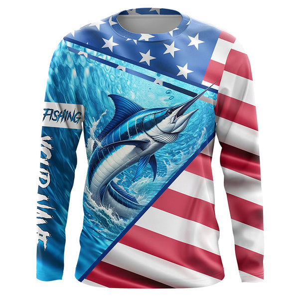 Personalized American Flag Marlin Fishing Shirts, Patriotic Marlin Long Sleeve Fishing Shirt TTV36
