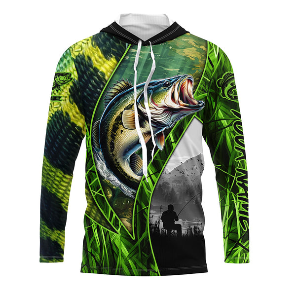 Bass fishing Green camo UV protection quick dry Customize name long sleeves fishing shirt TTV18