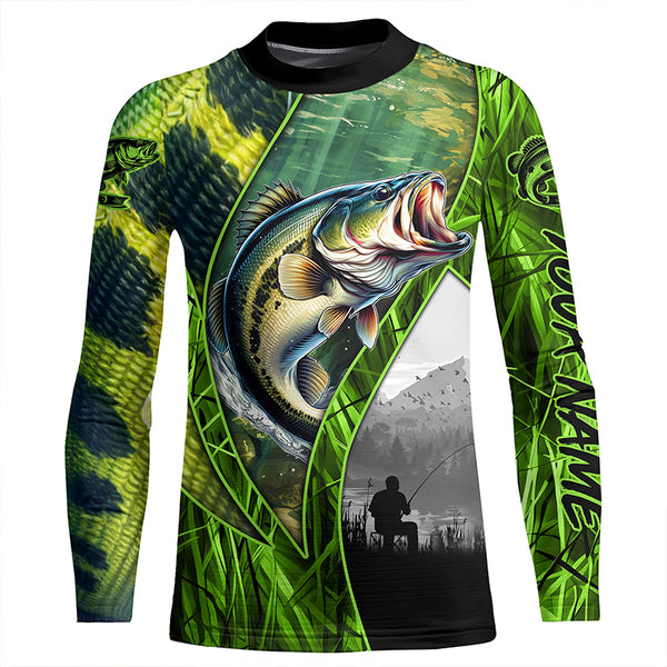 Bass fishing Green camo UV protection quick dry Customize name long sleeves fishing shirt TTV18