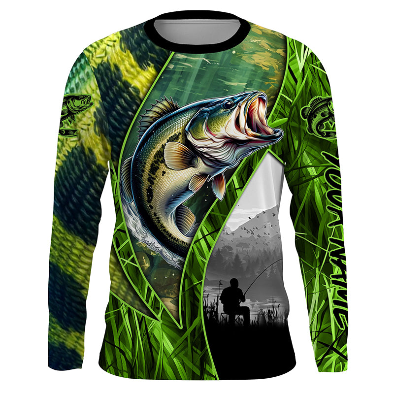 Bass fishing Green camo UV protection quick dry Customize name long sleeves fishing shirt TTV18