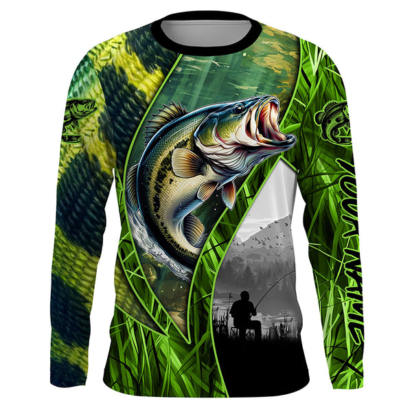 Bass fishing Green camo UV protection quick dry Customize name long sleeves fishing shirt TTV18