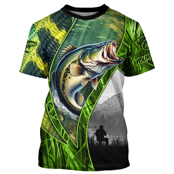 Bass fishing Green camo UV protection quick dry Customize name long sleeves fishing shirt TTV18