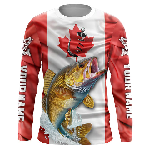 Walleye Fishing Canada Flag Custom Long Sleeve Fishing Shirts, Canadian Walleye Fishing Jerseys TTV93