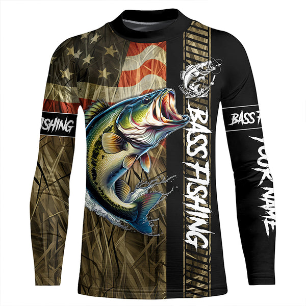 American Flag Bass fishing UV Customize name personalized long sleeves fishing shirts  TTV28