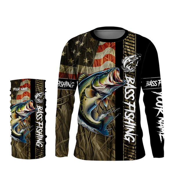 American Flag Bass fishing UV Customize name personalized long sleeves fishing shirts  TTV28