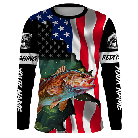 Custom Redfish Puppy Drum American Flag Long Sleeve Fishing Shirts, Patriotic Fishing Gifts TTV125
