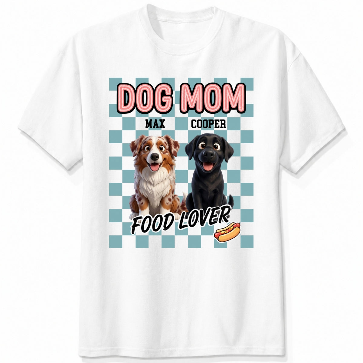 A white short-sleeve t-shirt with a graphic print featuring custom dogs and the text 'DOG MOM FOOD LOVER' on a light blue checkerboard background.