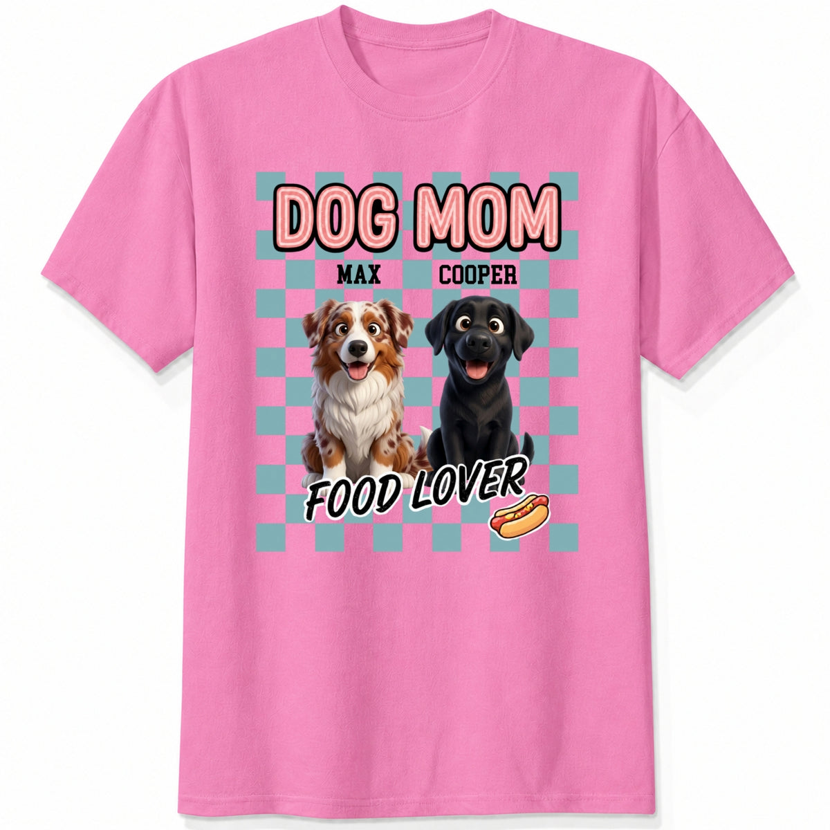 A pink short-sleeve t-shirt with a graphic print featuring custom dogs and the text 'DOG MOM FOOD LOVER' on a light blue checkerboard background.
