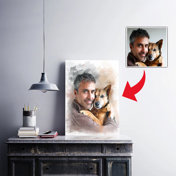 Customizable Owner and Fur Baby Water Color Effect Painting Canvas D20