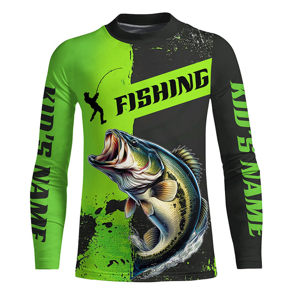 Custom Bass Fishing Long Sleeve Tournament Shirts, Largemouth Bass Fishing Jerseys | Black And Green IPHW6332